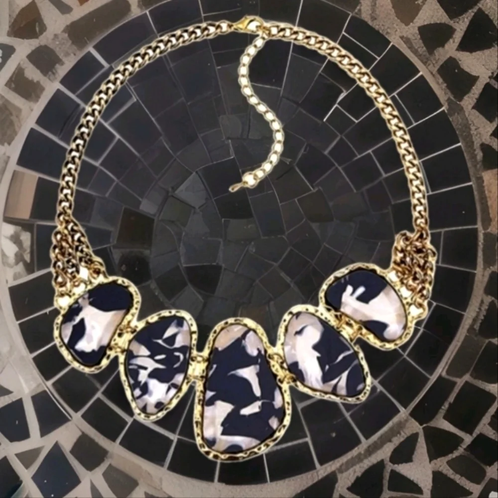 Vintage Estate Esmeray Black & White Shell Gold Statement Necklace